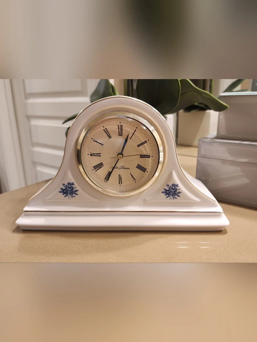 Elegant Cream Mantel Clock with Blue Floral Accents - Hornsea Pottery.
